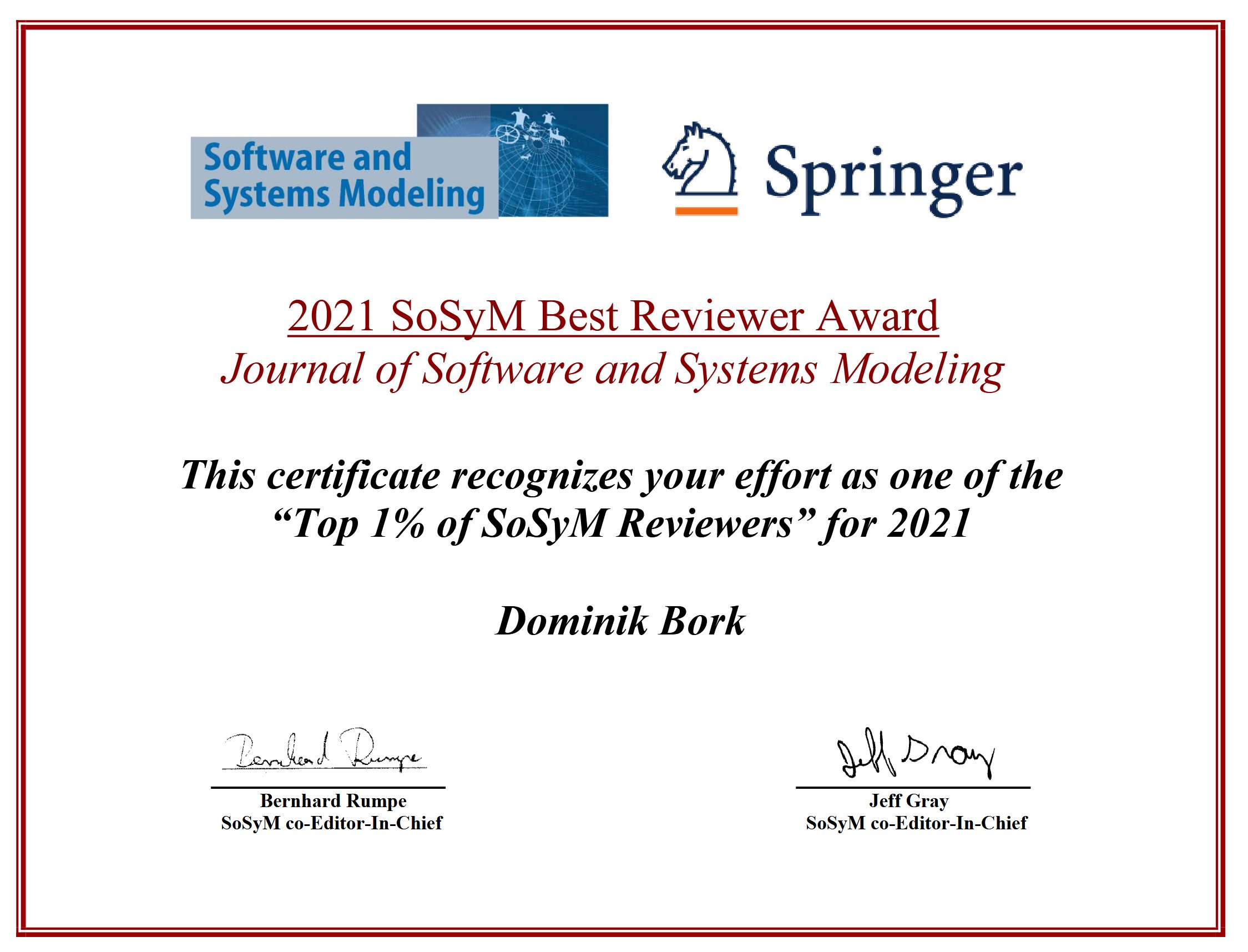 SoSyM Best Reviewer Award 2021